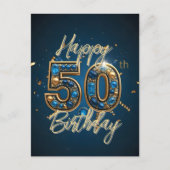 Elegant Goud en Blauwe Edelsteen 50e Verjaardag Briefkaart (Voorkant)