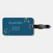 Elegant goud en blauwe florale douanenaam bagagelabel (Achterkant horizontaal)