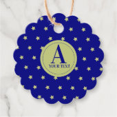 Elegant goud en blauwe ster patroon monogram bedankjes labels (Voorkant)