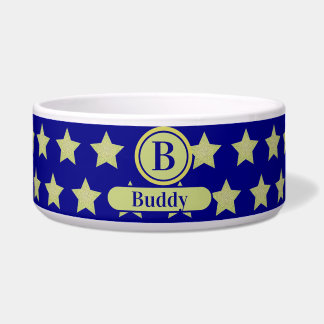 Elegant goud- en blauwe sterrenpatroon monogram voerbakje
