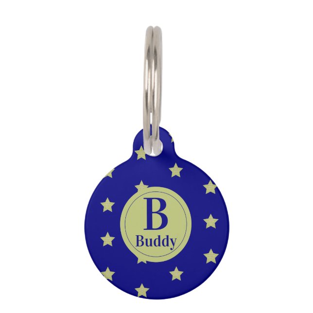 Elegant goud- en blauwe sterrenpatroonmonogram  huisdierpenning (Voorkant)