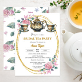 Elegant Goud en Bloemen Bruids Tea Party Kaart