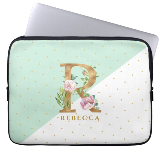 Elegant goud en bloemen met R voor Rebecca Laptop Sleeve (Voorkant)