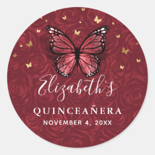 Elegant Goud en Bourgondische Vlinder Quinceanera Ronde Sticker