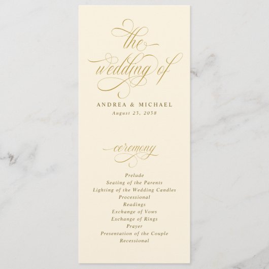 Elegant Goud en Crème Kalligrafie Bruiloft Programmakaart (Voorkant)