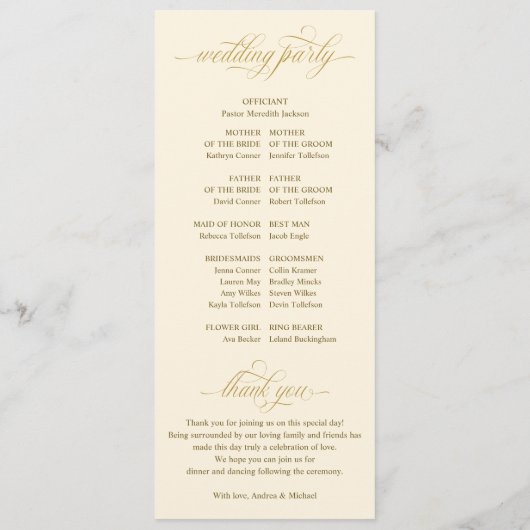 Elegant Goud en Crème Kalligrafie Bruiloft Programmakaart (Achterkant)