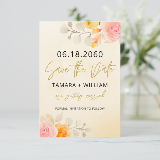 Elegant goud en crème Waterverf bloemig Save The Date (Staand voorkant)