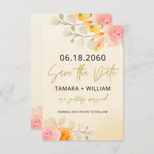 Elegant goud en crème Waterverf bloemig Save The Date (Voorkant / Achterkant)