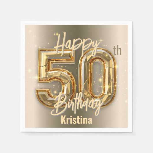 Elegant goud en diamant 50ste verjaardagsfeest servet (Voorkant)