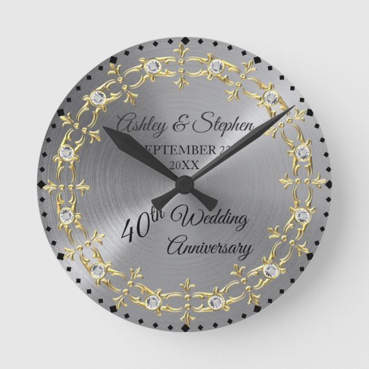 Elegant Goud En Diamanten 40e Huwelijksjubileum Ronde Klok (Voorkant)