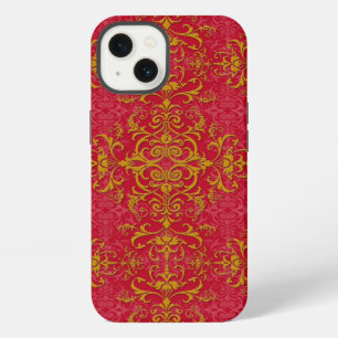 Elegant goud en diep roze bloemendamaskpatroon iPhone 13 hoesje