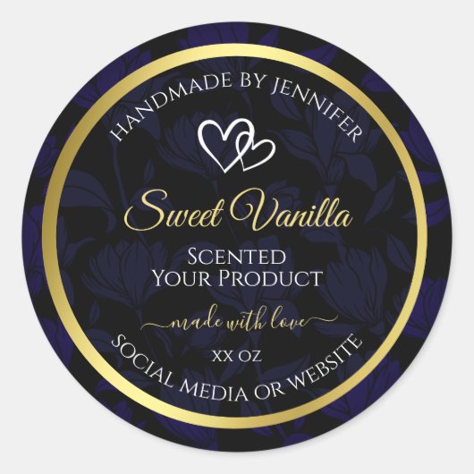 Elegant Goud en Donkerblauw Bloemen Product Labels (Voorkant)