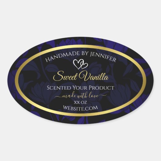 Elegant Goud en Donkerblauw Bloemen Product Labels (Voorkant)