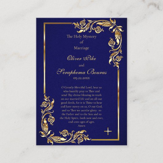 Elegant Goud en Donkerblauw Bruiloft Gebed Kaart Plaatskaartje (Voorkant)