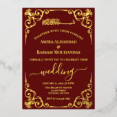 Elegant Goud en Donkerrood Bruiloft Folie Uitnodiging (Voorkant)