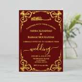 Elegant Goud en Donkerrood Bruiloft Folie Uitnodiging (Staand Voorkant)