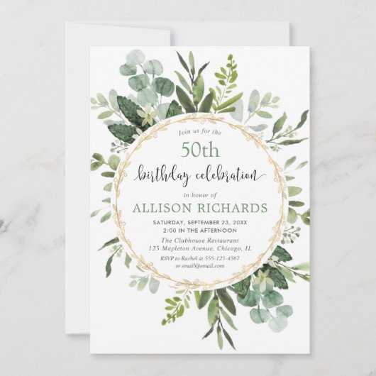 Elegant goud en eucalyptus volwassen verjaardag kaart (Voorkant)