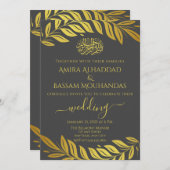 Elegant Goud en Grijs Islamitisch Bruiloft Kaart (Voorkant / Achterkant)