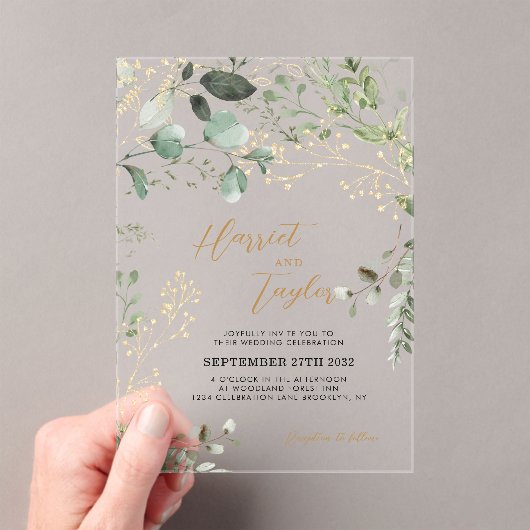 Elegant goud en groen Eucalyptus bruiloft Acryl Uitnodigingen (Insitu (Draagbaar))