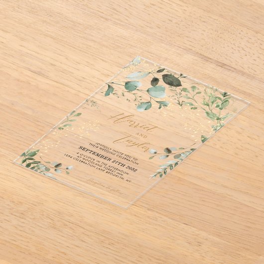 Elegant goud en groen Eucalyptus bruiloft Acryl Uitnodigingen (Laagn)