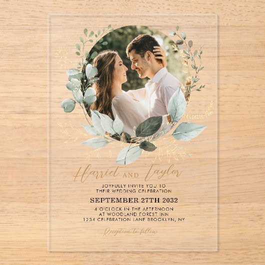 Elegant goud en groen Eucalyptus foto bruiloft Acryl Uitnodigingen (Voorkant)