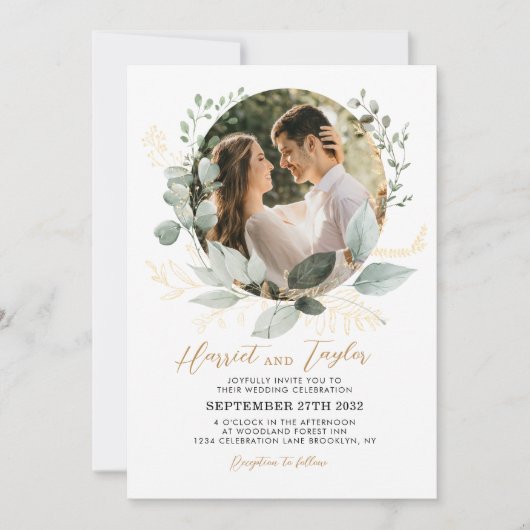 Elegant goud en groen Eucalyptus foto bruiloft Kaart (Voorkant)