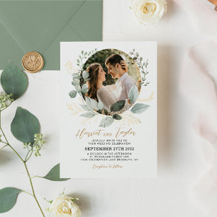 Elegant goud en groen Eucalyptus foto bruiloft Kaart