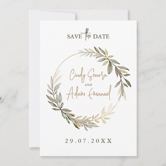 Elegant Goud en Groene Huwelijk Save The Date (Voorkant)