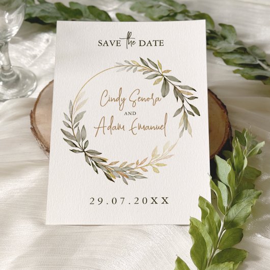 Elegant Goud en Groene Huwelijk Save The Date