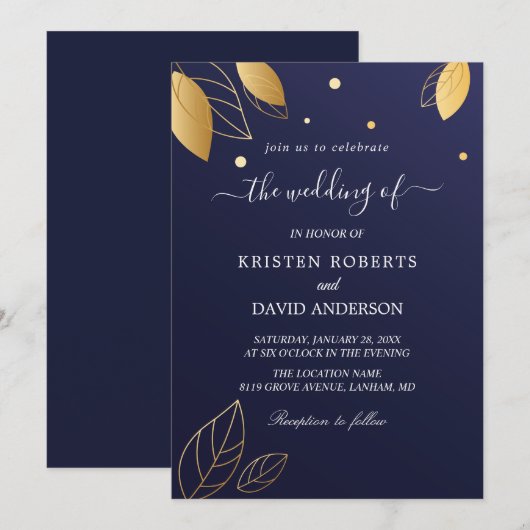 Elegant goud en koninklijke uitnodiging voor blauw (Voorkant / Achterkant)