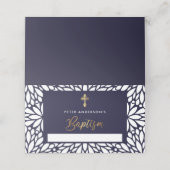 Elegant goud en marine blauwe jongen doop plaatskaartje (Buitenkant ongevouwen)