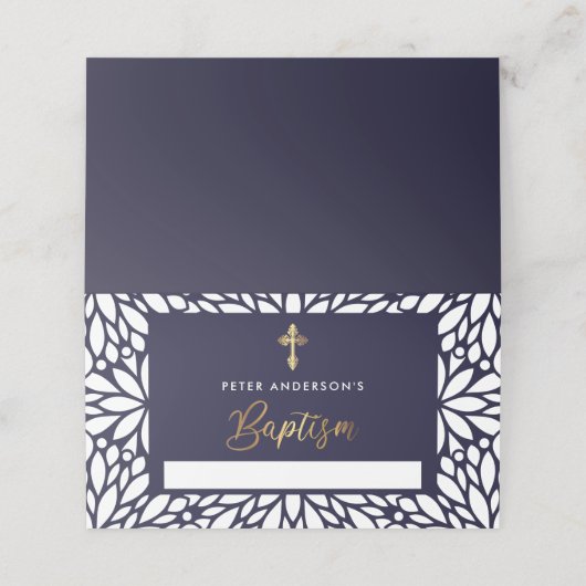 Elegant goud en marine blauwe jongen doop plaatskaartje (Buitenkant ongevouwen)