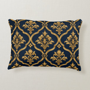 Elegant goud en marineblauw damast vintage motief  accent kussen