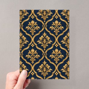 Elegant goud en marineblauw damast vintage motief acryl uitnodigingen
