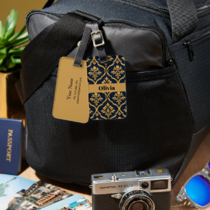 Elegant goud en marineblauw damast vintage motief bagagelabel