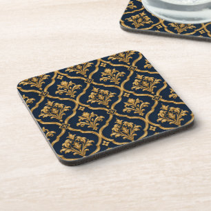 Elegant goud en marineblauw damast vintage motief bier onderzetter