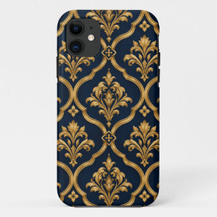 Elegant goud en marineblauw damast vintage motief Case-Mate iPhone case
