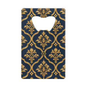 Elegant goud en marineblauw damast vintage motief creditkaart flessenopener