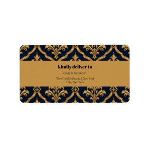 Elegant goud en marineblauw damast vintage motief etiket