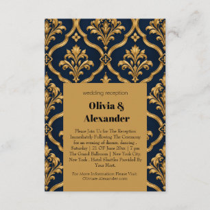 Elegant goud en marineblauw damast vintage motief informatiekaartje