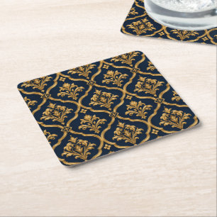 Elegant goud en marineblauw damast vintage motief kartonnen onderzetters