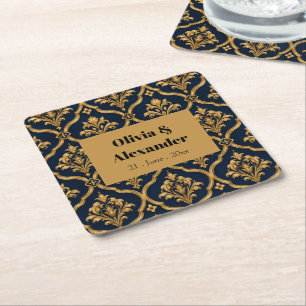 Elegant goud en marineblauw damast vintage motief kartonnen onderzetters