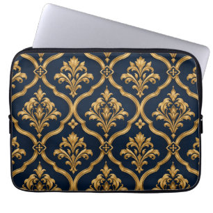 Elegant goud en marineblauw damast vintage motief laptop sleeve