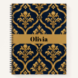 Elegant goud en marineblauw damast vintage motief notitieboek