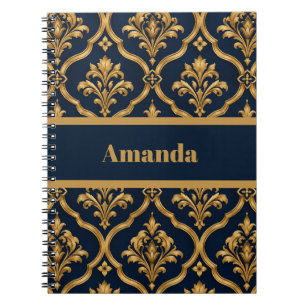 Elegant goud en marineblauw damast vintage motief notitieboek