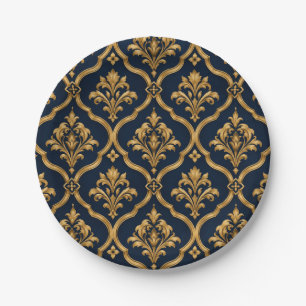Elegant goud en marineblauw damast vintage motief papieren bordje