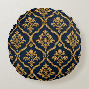 Elegant goud en marineblauw damast vintage motief  rond kussen