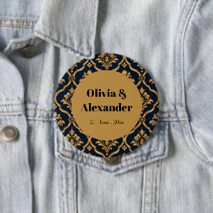 Elegant goud en marineblauw damast vintage motief ronde button 4,0 cm