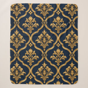 Elegant goud en marineblauw damast vintage motief  sherpa deken