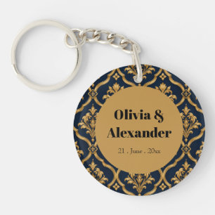 Elegant goud en marineblauw damast vintage motief sleutelhanger